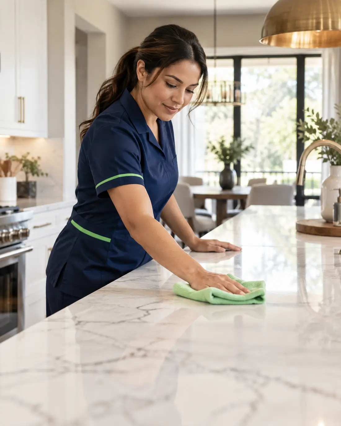 Professional cleaner carefully cleaning a modern kitchen